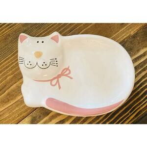 Vintage Ceramic Kitty Cat Kitsche Pink White Dish Happy Cute Trinket Soap
